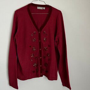 Ladies CROFT & BARROW Petite L/S Burnt Red Cardigan Sweater Velvet Trim SZ PL